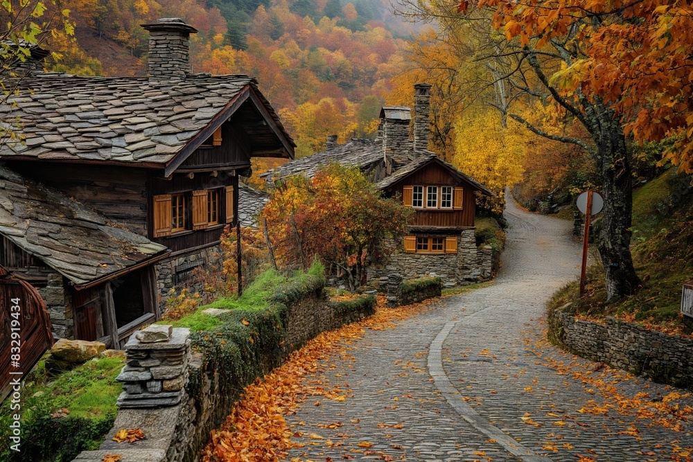 old stone house with a long pathway with the leaves on the ground old stone house with a long pathway with the leaves on the ground