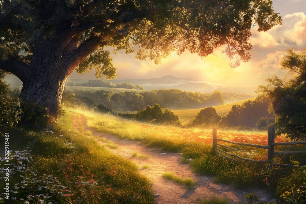AI generated illustration of Landscape with trees, fence, and road in a ...