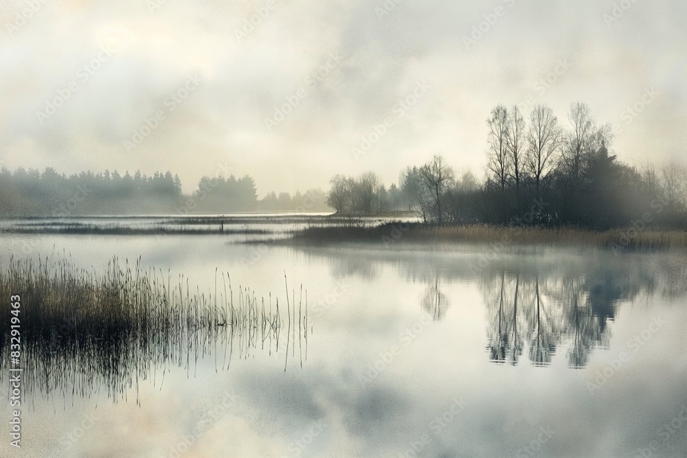 Fototapeta premium a body of water with trees on both sides and fog in the air