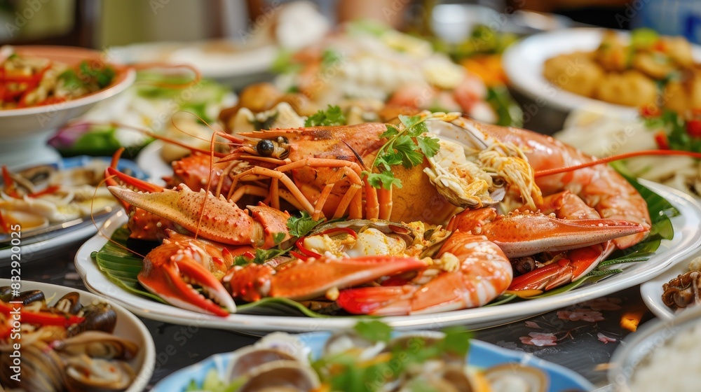 A festive seafood dinner with various dishes, including A festive seafood dinner with various dishes, including
