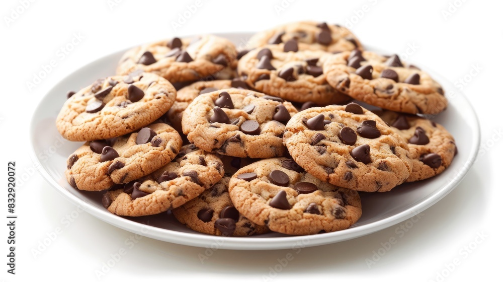 Plate of chocolate chip cookies on a white backdrop Plate of chocolate chip cookies on a white backdrop