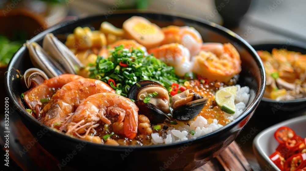 A fresh seafood bowl with served with rice. A fresh seafood bowl with served with rice.
