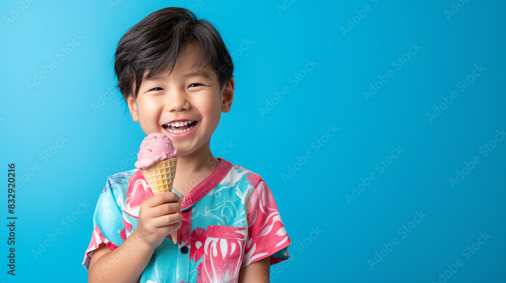 Happy asian child eating ice cream in horizontal background Happy asian child eating ice cream in horizontal background