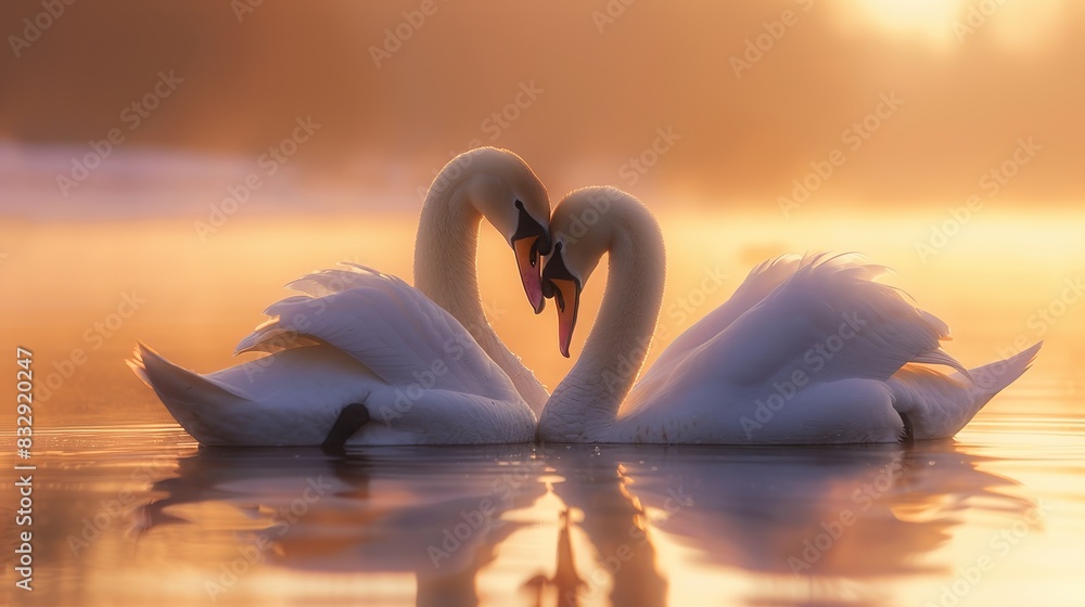 Fototapeta premium Ultra-Realistic Close-Up of Two Swans Bowing Their Heads to Each Other on a Beautiful Blue Lake at Pale Peach Sunrise, Creating a Serene and Romantic Scene