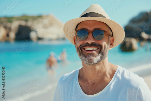 Adult male smiling with sunglasses and hat on a vacation beach, savoring the sea air, senior experiencing true happiness on a serene summer trip