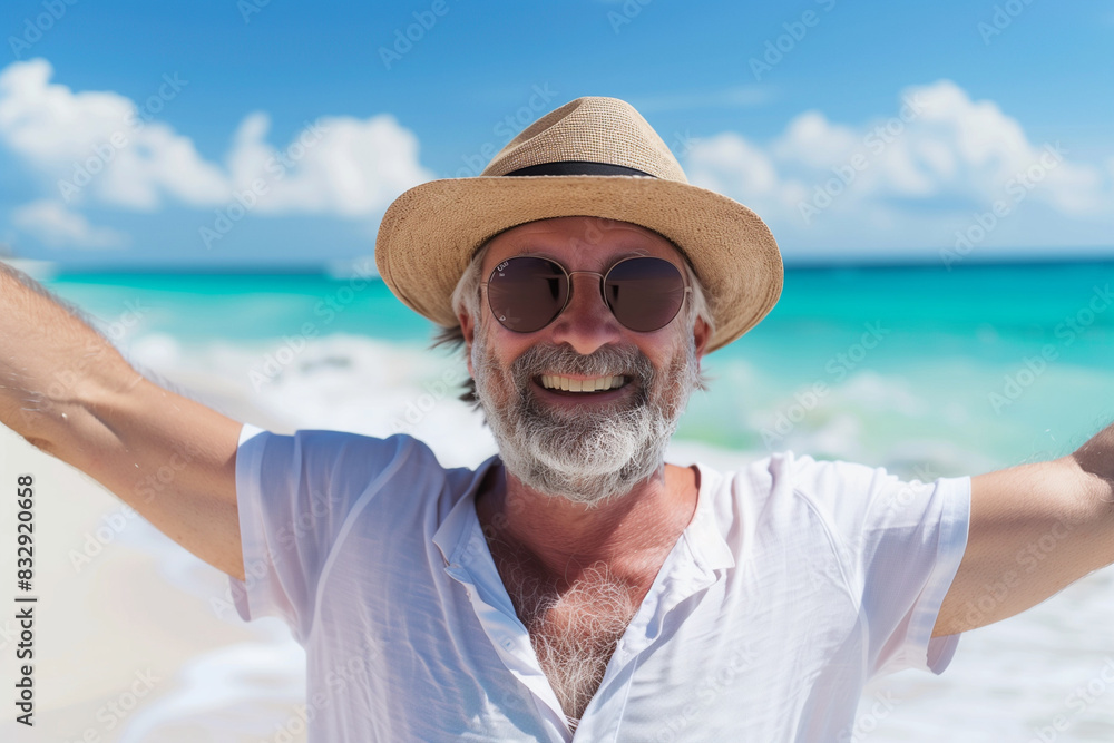 Adult male smiling with sunglasses and hat on a vacation beach, enjoying the sea and sand, senior experiencing happiness on a summer trip Adult male smiling with sunglasses and hat on a vacation beach, enjoying the sea and sand, senior experiencing happiness on a summer trip