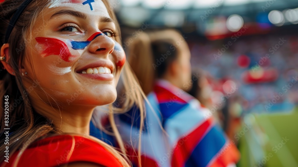 beautiful woman in a stadium with her face painted with the flag of france beautiful woman in a stadium with her face painted with the flag of france