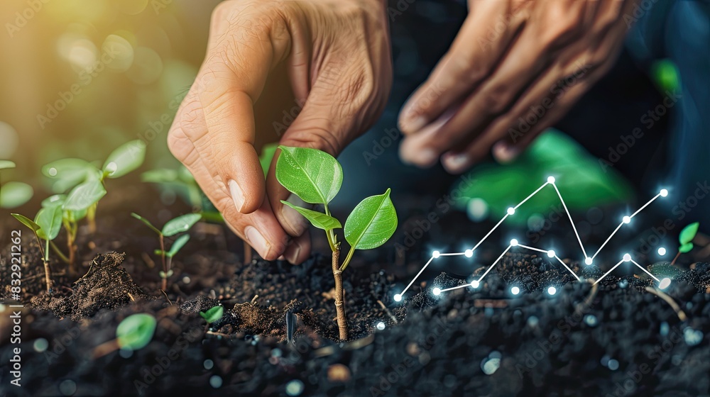 Close-up of hands planting a small tree with an upward-trending graph Close-up of hands planting a small tree with an upward-trending graph