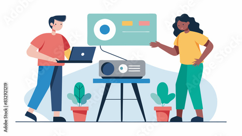 Two team members working together to set up and test the projector for the sermon slides making sure the images are crisp and readable.. Vector illustration