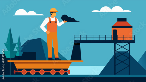 An employee standing on a towering platform overseeing the transportation and loading of coal into the furnace for combustion.. Vector illustration