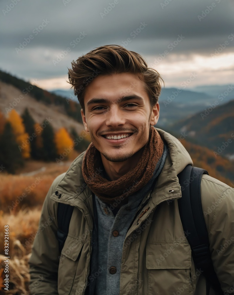 handsome young guy on autumn mountain smiling on camera portrait