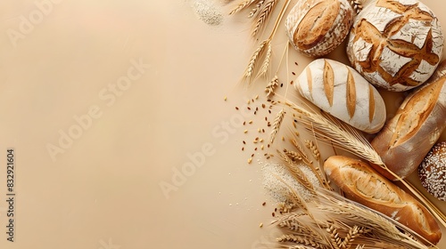 Different bakery products on wooden background photo