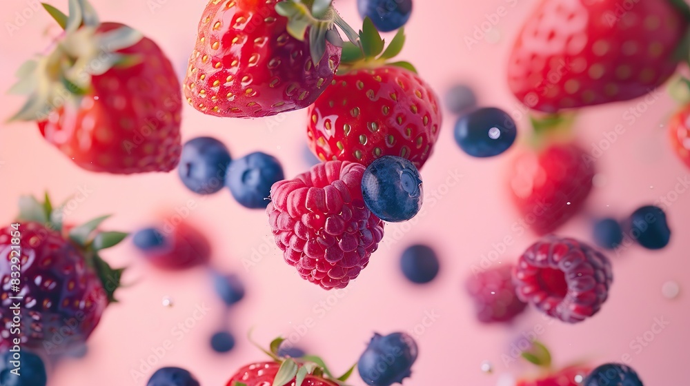 assorted fruits, strawberries, blueberries, and raspberries, suspended in mid-air assorted fruits, strawberries, blueberries, and raspberries, suspended in mid-air