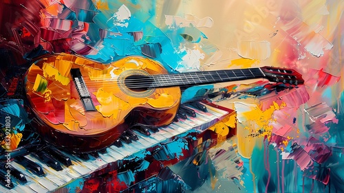 Abstract musical fusion of guitar and piano in vibrant colors
