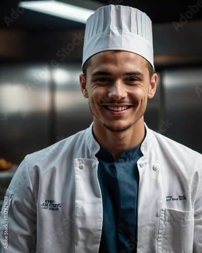 handsome young guy on chef uniform smiling on camera portrait