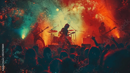 Vintage rock concert flyer with faded colors and retro guitar silhouettes