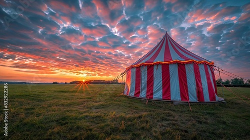 Sunset glow over red and white striped circus tent in serene field