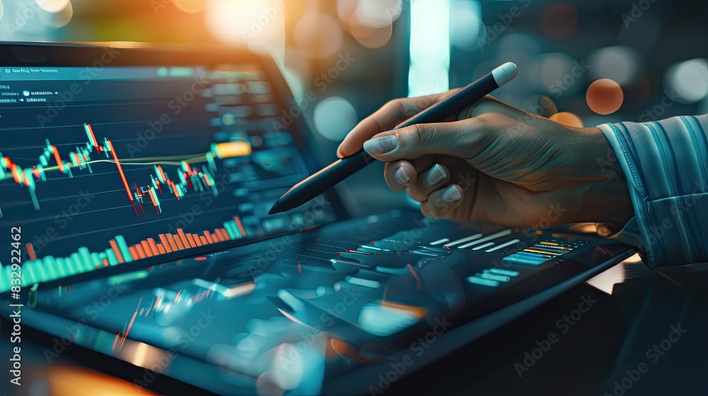 Trader using a stylus to highlight key points on a trading graph on a tablet Trader using a stylus to highlight key points on a trading graph on a tablet