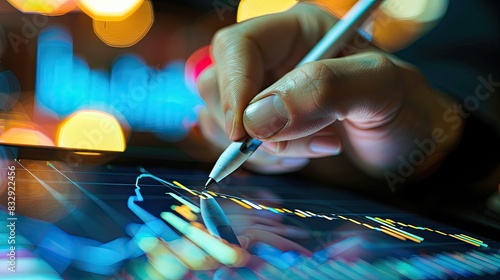 Trader using a stylus to highlight key points on a trading graph on a tablet photo