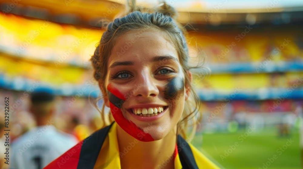 beautiful woman in a stadium with her face painted with the flag of germany beautiful woman in a stadium with her face painted with the flag of germany