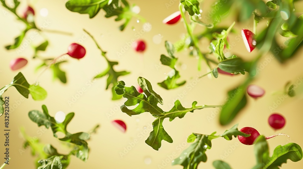 sliced radishes and mixed salad greens suspended in mid-air with a pastel cream background sliced radishes and mixed salad greens suspended in mid-air with a pastel cream background