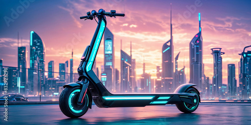 futuristic electric scooter with neon lights parked in front of a city skyline at sunset.