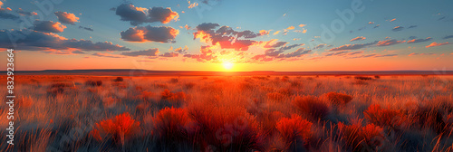 A nature plain during sunset, the sky ablaze with colors, and the grass casting long shadows photo