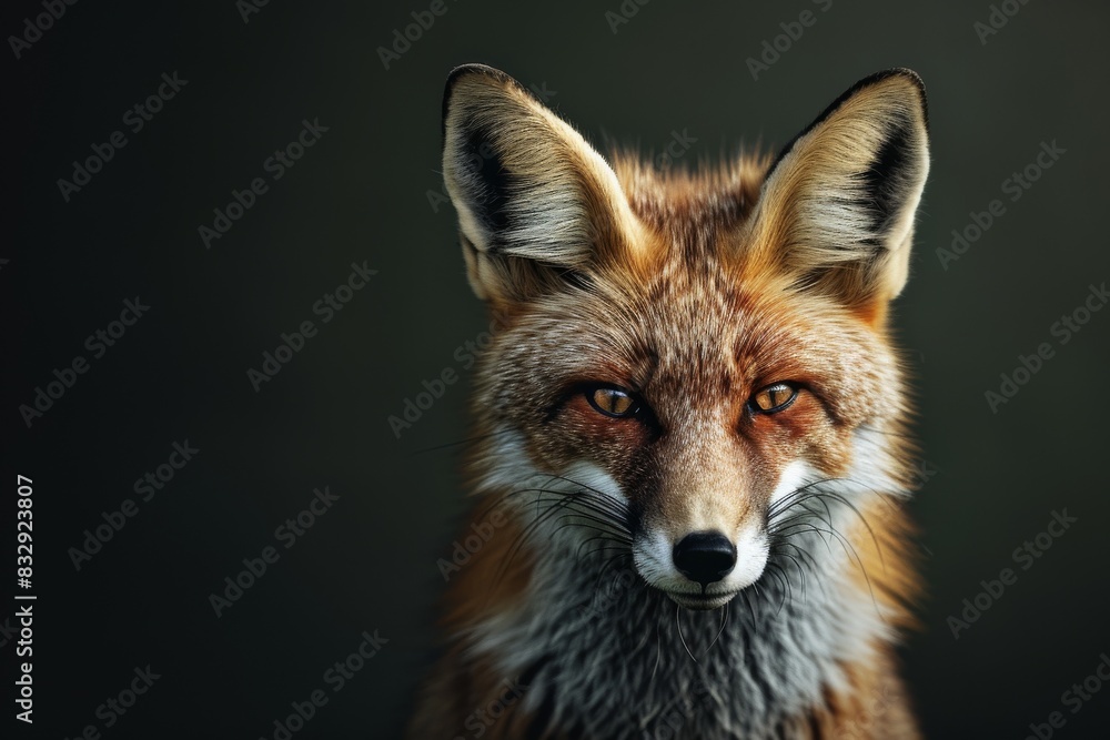 Fototapeta premium Mystic portrait of Bengal Fox in studio, copy space on right side, Anger, Menacing, Headshot, Close-up View Isolated on black background