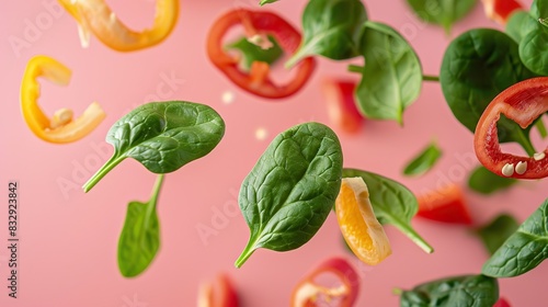 Wallpaper Mural fresh spinach leaves and bell pepper slices suspended in mid-air with a pastel pink background Torontodigital.ca