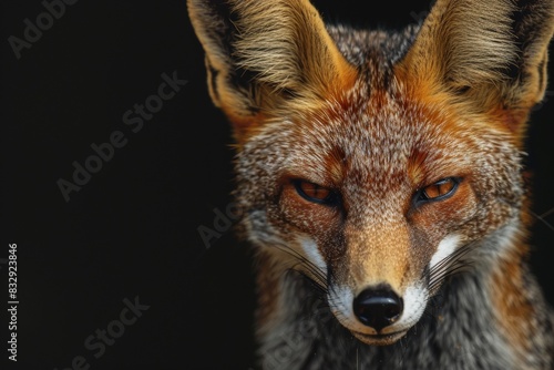 Mystic portrait of Bengal Fox in studio, copy space on right side, Anger, Menacing, Headshot, Close-up View Isolated on black background