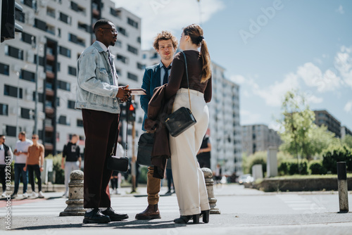 Three business professionals, representing a diverse workforce, engage in a vibrant discussion during a sunny outdoor business meeting in an urban setting.