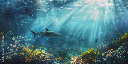 An illustration of the underwater world with vibrant marine life and flora, conveying a sense of exploration and adventure. Suitable for travel and vacation themes. photo