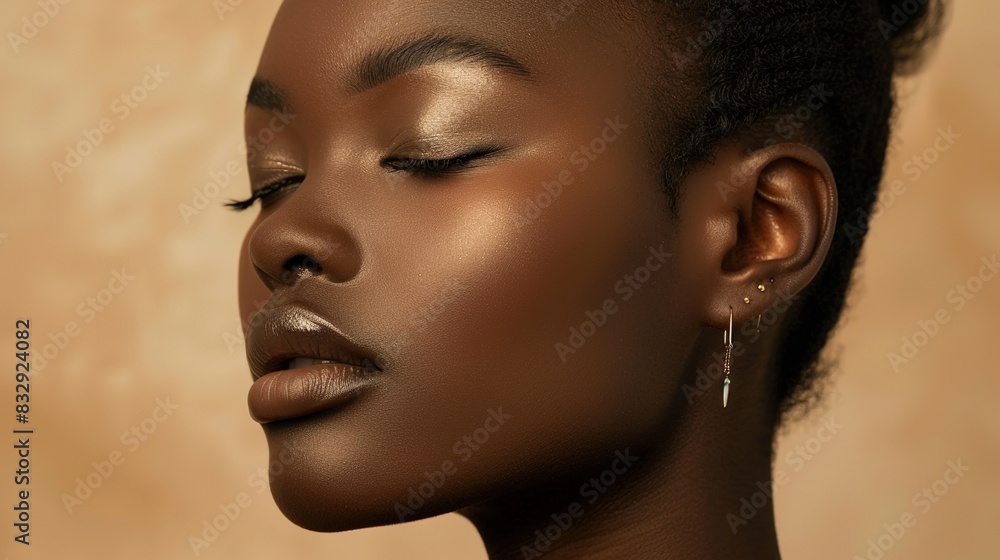 Black Model Wearing Gold Thin Jewelry in Modern Total Black Look. Soft and Delicate Jewelry Design Against Light Beige Studio Background, Capturing Sophisticated Elegance. Black Model Wearing Gold Thin Jewelry in Modern Total Black Look. Soft and Delicate Jewelry Design Against Light Beige Studio Background, Capturing Sophisticated Elegance.