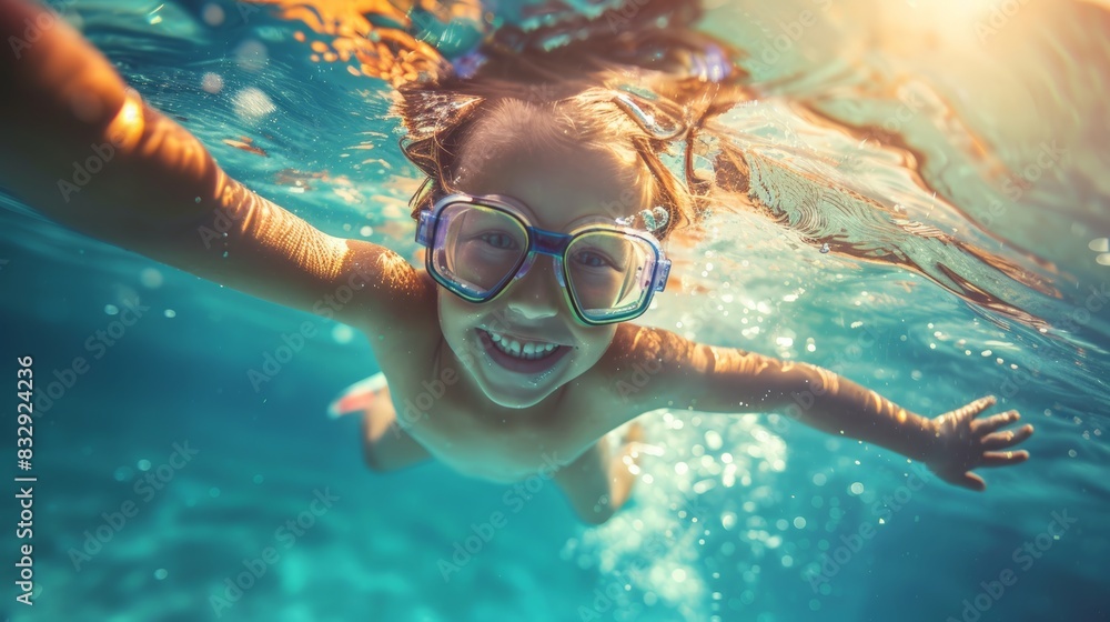 Fototapeta premium Cute smiling child having fun swimming and diving in the pool at the resort on summer vacation. Sun shines under water and sparkling water reflection. Activities and sports to happy kid