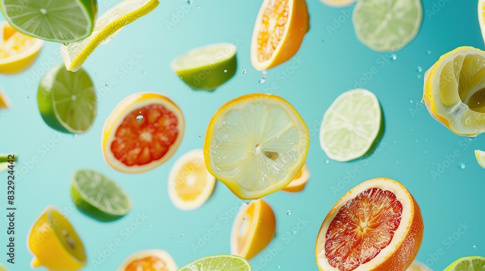 Sliced citrus fruits flying in mid-air with a pastel turquoise background Sliced citrus fruits flying in mid-air with a pastel turquoise background