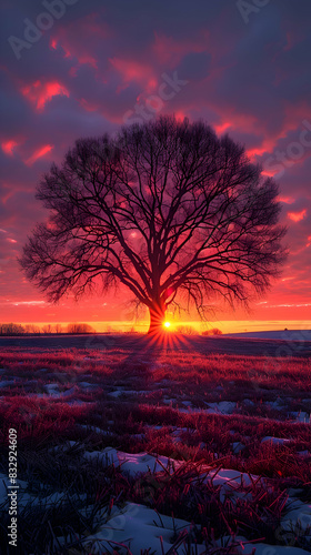 A nature prairie scene with a lone tree silhouetted against the setting sun, the sky glowing with vibrant colors
