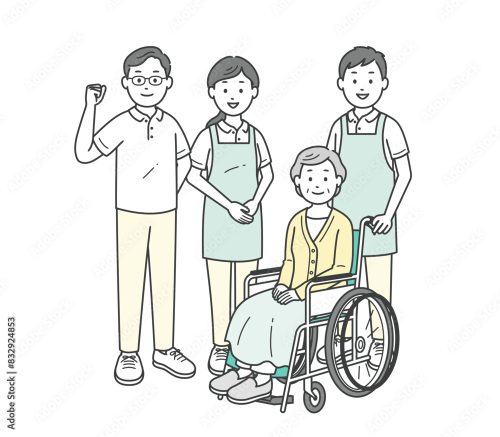 車椅子に座る高齢女性と介助をする介護士男女のイラストセット