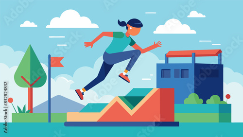 A user practicing freerunning in a virtual parkour playground using their environment to perform creative and challenging movements.. Vector illustration