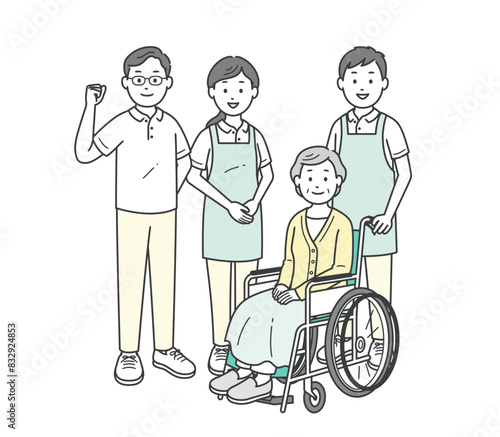 車椅子に座る高齢女性と介助をする介護士男女のイラストセット