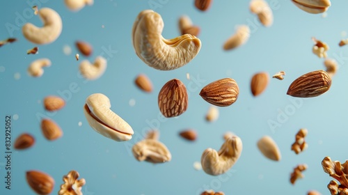 Various nuts, almonds, walnuts, and cashews, suspended in mid-air