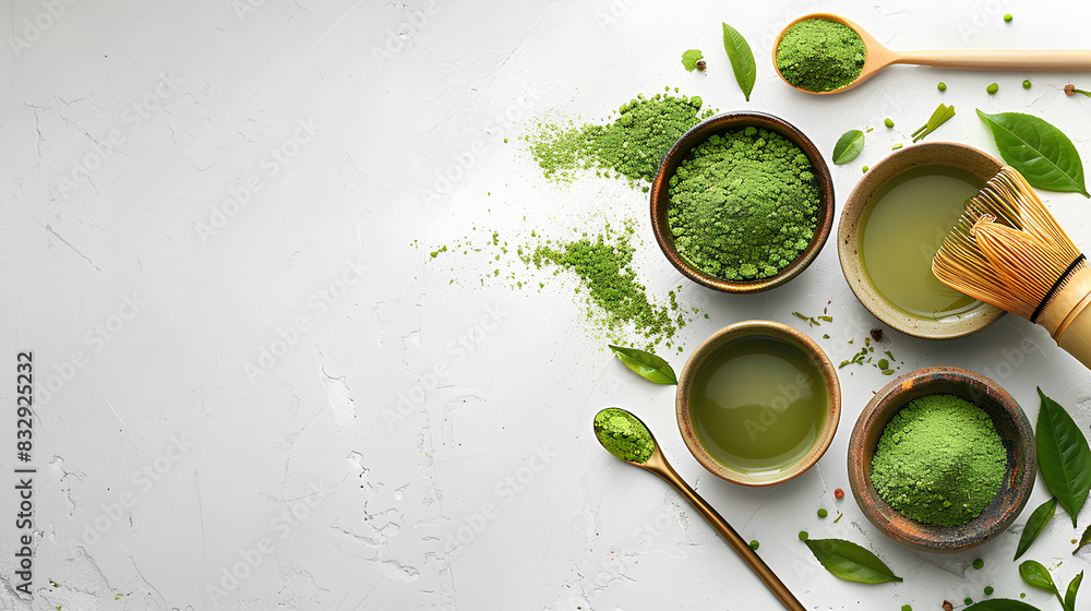 A copy space image featuring matcha powder and tea ceremony tools arranged on a white background
A copy space image featuring matcha powder and tea ceremony tools arranged on a white background