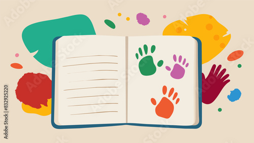Inky fingerprints and smudges cover the pages of a new mothers journal as she playfully paints with her child creating colorful memories to cherish. Vector illustration