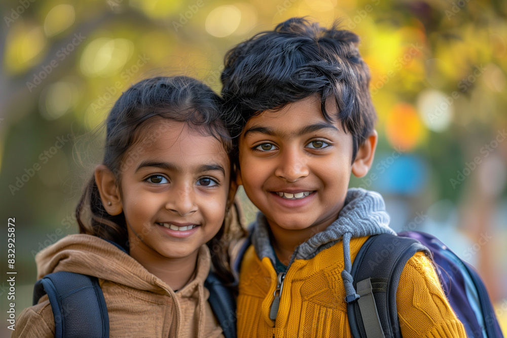 Happy Indian Siblings With Backpacks Ready for Back to School or Hike Happy Indian Siblings With Backpacks Ready for Back to School or Hike