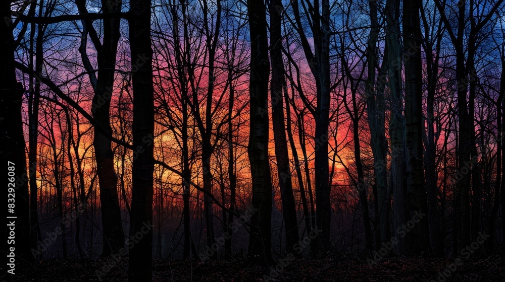 Tree outlines and woods post sundown Tree outlines and woods post sundown