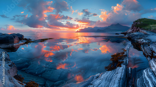 A nature rocky shore during sunset, the sky ablaze with colors, and the water reflecting the hues photo