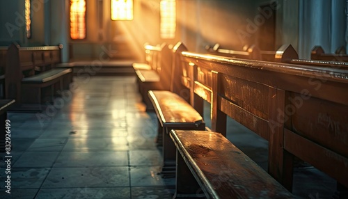 Empty church pews with sunlight streaming