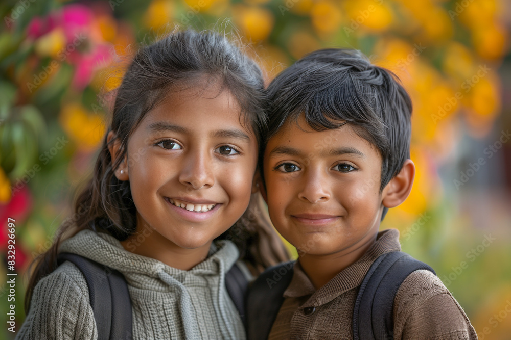 Happy Indian Siblings With Backpacks Ready for Back to School or Hike Happy Indian Siblings With Backpacks Ready for Back to School or Hike
