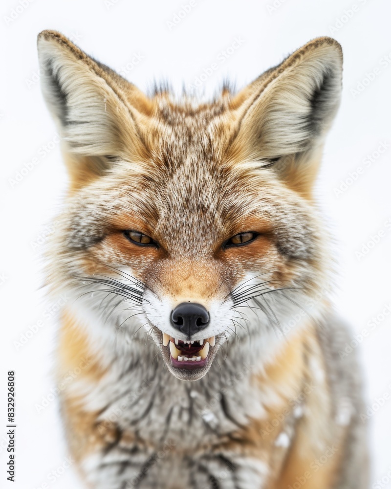 Mystic portrait of Corsac Fox , copy space on right side, Anger, Menacing, Headshot, Close-up View Isolated on white background Mystic portrait of Corsac Fox , copy space on right side, Anger, Menacing, Headshot, Close-up View Isolated on white background