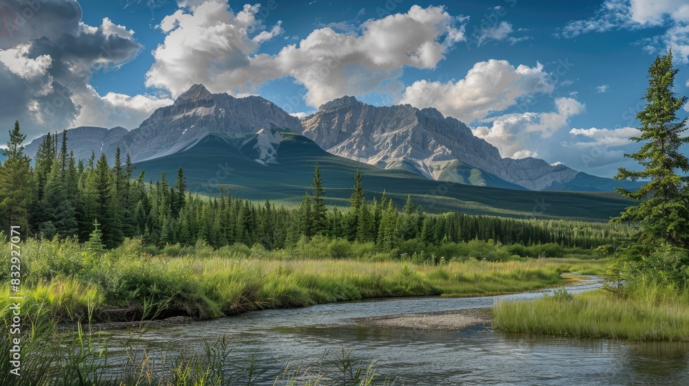 Scenic view featuring mountains woodland and a river in the forefront Scenic view featuring mountains woodland and a river in the forefront