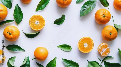 Fresh oranges with green leaves on a white background